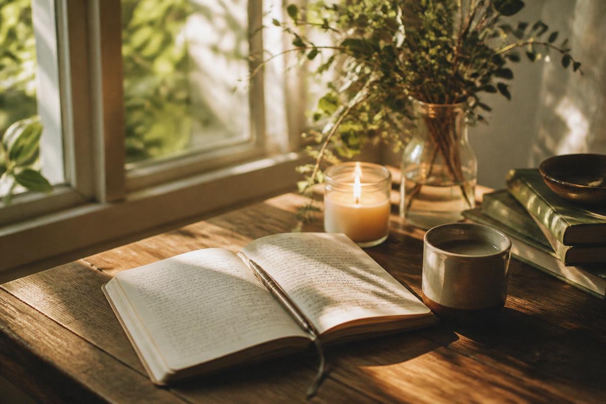 Soft morning light falling across a wooden table with an open journal, a candle and fresh greenery