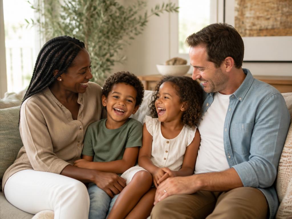 An interracial couple with their mixed-race children sharing a warm, connected family moment on a sunlit sofa